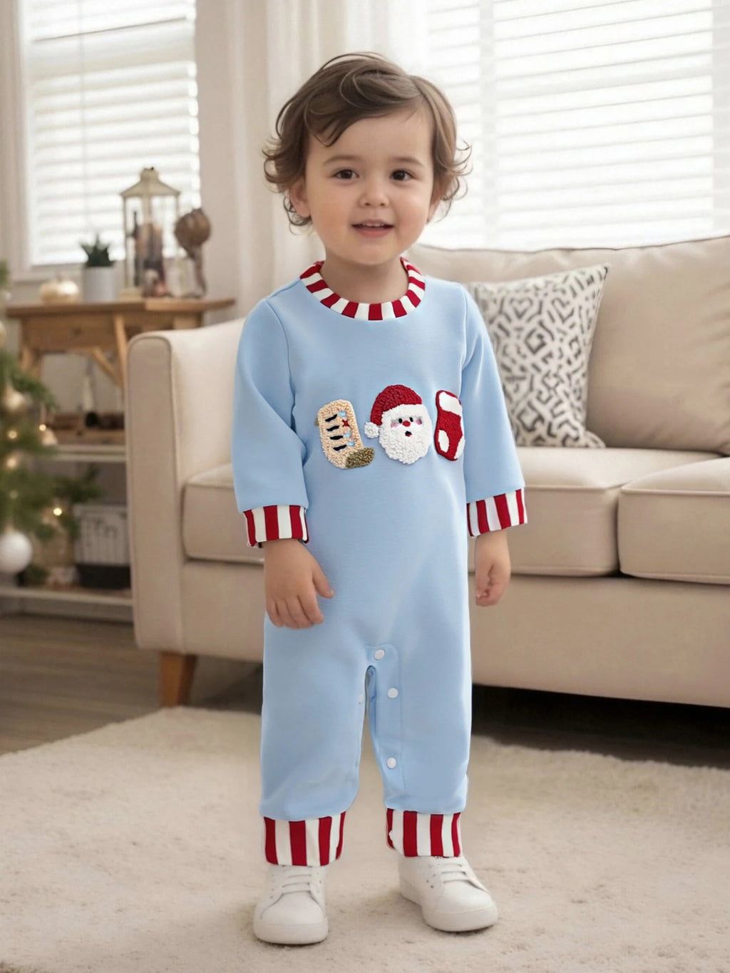 Lioraitiin Newborn Baby Boys Christmas Romper Santa Embroidery Striped Crew Neck Long Sleeve Full Length Jumpsuit