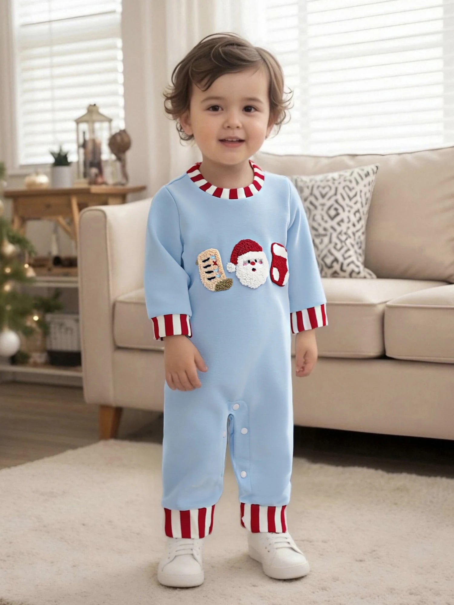 Lioraitiin Newborn Baby Boys Christmas Romper Santa Embroidery Striped Crew Neck Long Sleeve Full Length Jumpsuit