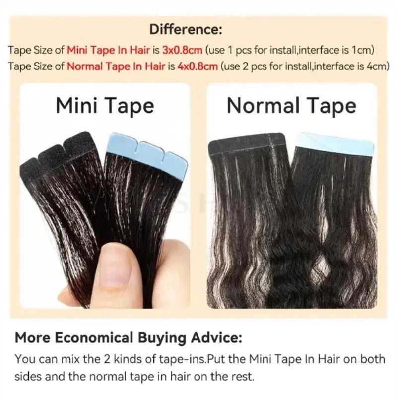 MRSHAIR Mini Tape Hair Extensions Human Hair Natural Tape in Hair Extentions 3x0.8cm Invisible Tape 10pcs/pack For Side Hair