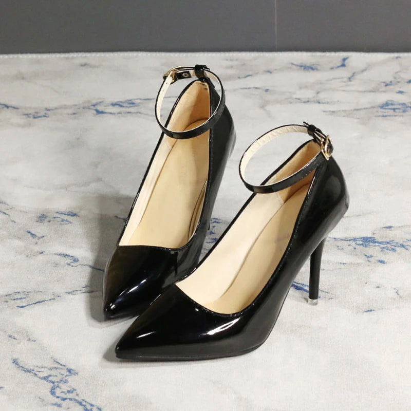 One Word Buckle High Heels 2025 Spring New Patent Leather Stiletto Heel Work Pumps Large Pointed Shallow Mouth Women's Shoes