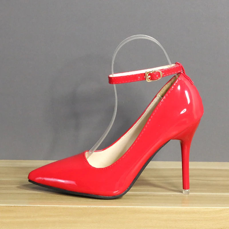 One Word Buckle High Heels 2025 Spring New Patent Leather Stiletto Heel Work Pumps Large Pointed Shallow Mouth Women's Shoes