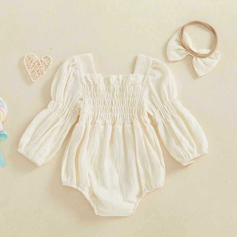 2024-10-29 Lioraitiin Baby Girls Spring Romper Long Sleeve Square Neck Solid Color Romper with Headband