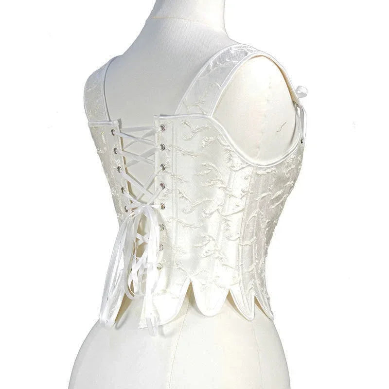 Fashion White Embossed Vintgae Petal Bodices Women Overbust Slimm Corsets Lace Up Boned Shaping Tops Korset