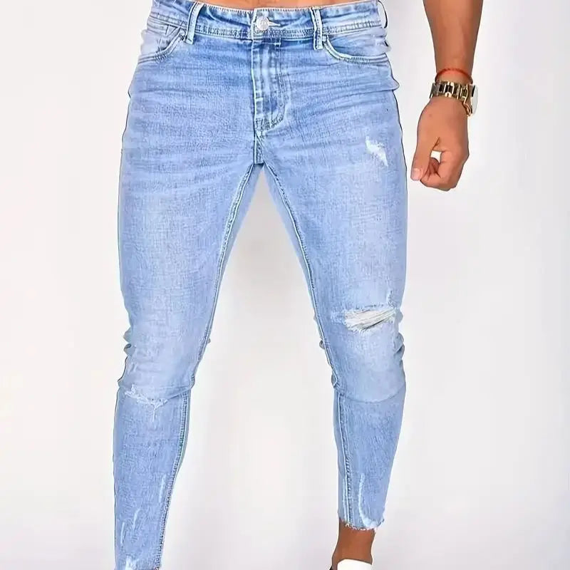 Men's Casual Slim Fit Ripped Jeans, Men's Versatile Street Style Denim Pants For All Seasons