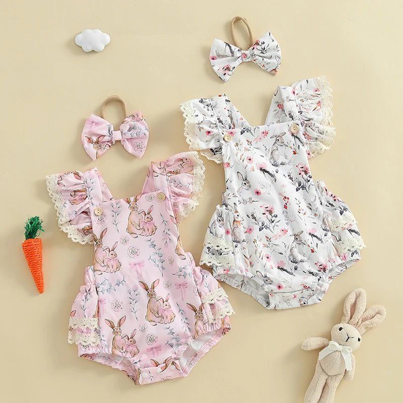 2025-01-02 Lioraitiin Baby Girls Easter Outfits Flower Bunny Print Lace Trim Flying Sleeve Spring Romper with Bow Headband Set