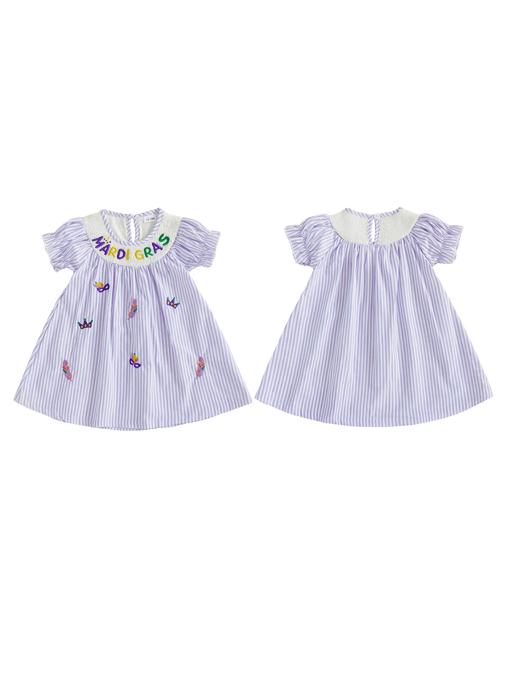Toddler Baby Girl Mardi Gras Dress Loose Fit Letter Embroidered Striped Smocked Crew Neck Short Sleeve A Line Dress