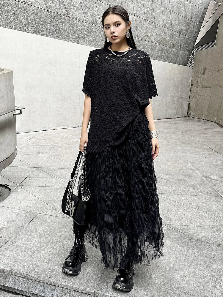 [EAM] High Elastic Waist Black Pleated Mesh Casual A-line Half-body Skirt Women Fashion Tide New Spring Autumn 2026  1DH5148