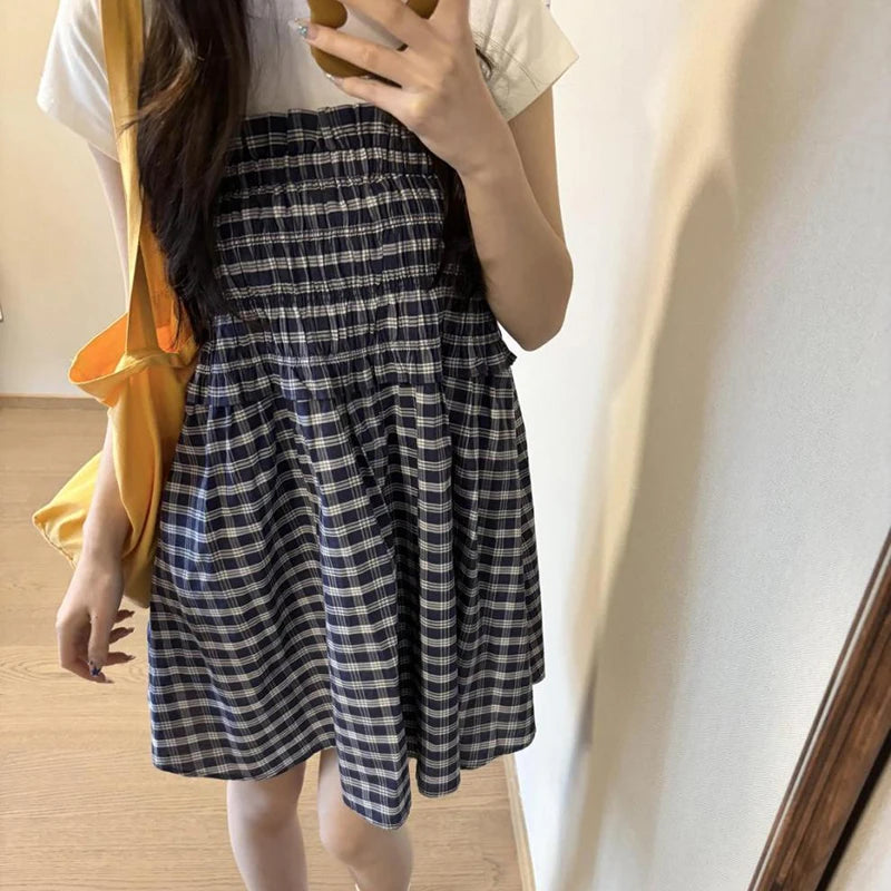 Korean Elastic High Waist Plaid Skirt Women Summer Patchwork Sleeveless A Line Dress Woman 2025 Chic Pleated Midi Skirts Female
