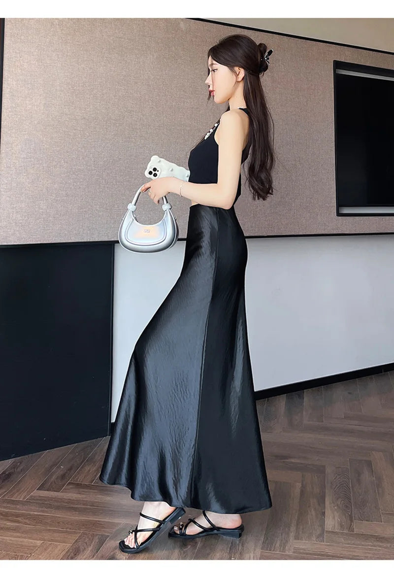Zoki Chic Satin Elegant Long Skirt Women Casual Fashion High Waist Sweet Trumpet Skirts Slim Summer Female Korean Long Skirts