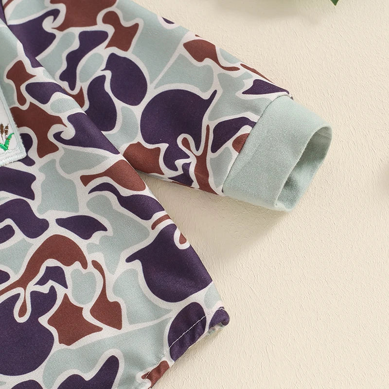 2024-04-19 Lioraitiin Autumn Baby Boys Romper Infant Long Sleeve Crew Neck Duck Embroidery Camouflage Romper