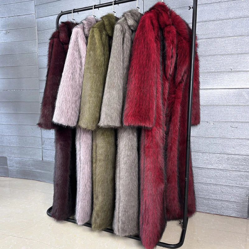 DEAT 2025 winter new fashion high quality Fox Faux Fur long Coat for Women Suit Collar solid color thick warm jacket 11A06914