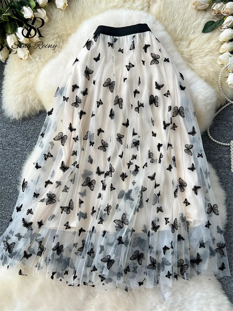 SINGREINY 2024 High Qulaity Embroidery Long Skirt Ladies Elastic Waist Butterfly Print Streetwear A Line Loose Mesh Party Skirt