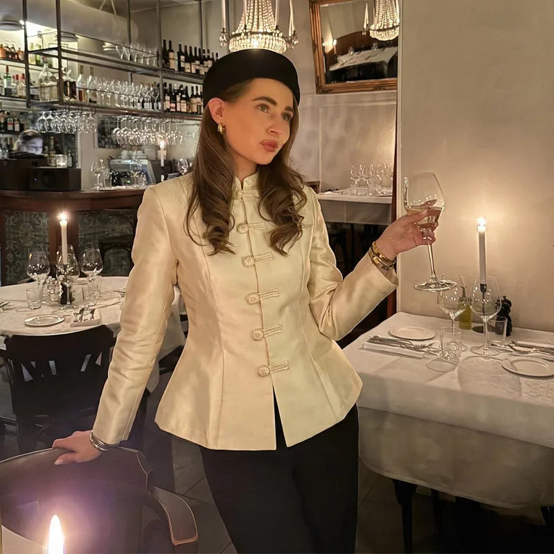 Vintage Stand Collar Velvet Frog Button Blazer Women Solid Long Sleeve Slim Cropped Jackets 2026 Spring Lady Fashion Outwear New