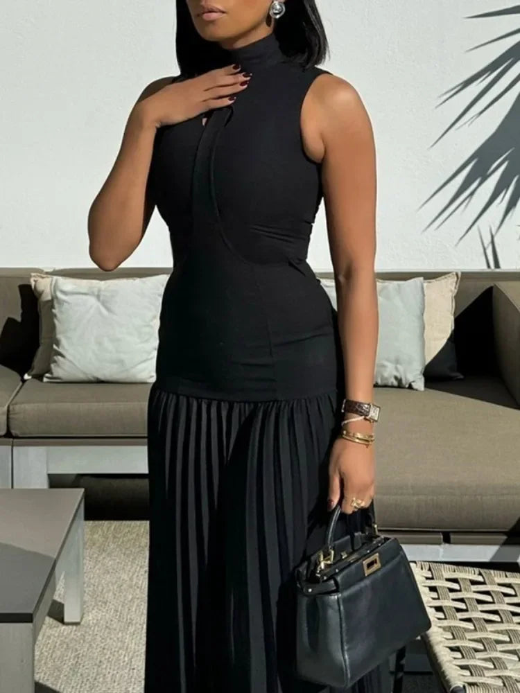 Missuoo Summer Women's Party Dress Solid Black Skinny High Neck Sleeveless Pleated Maxi Dress Female Elegant Big Swing Dresses