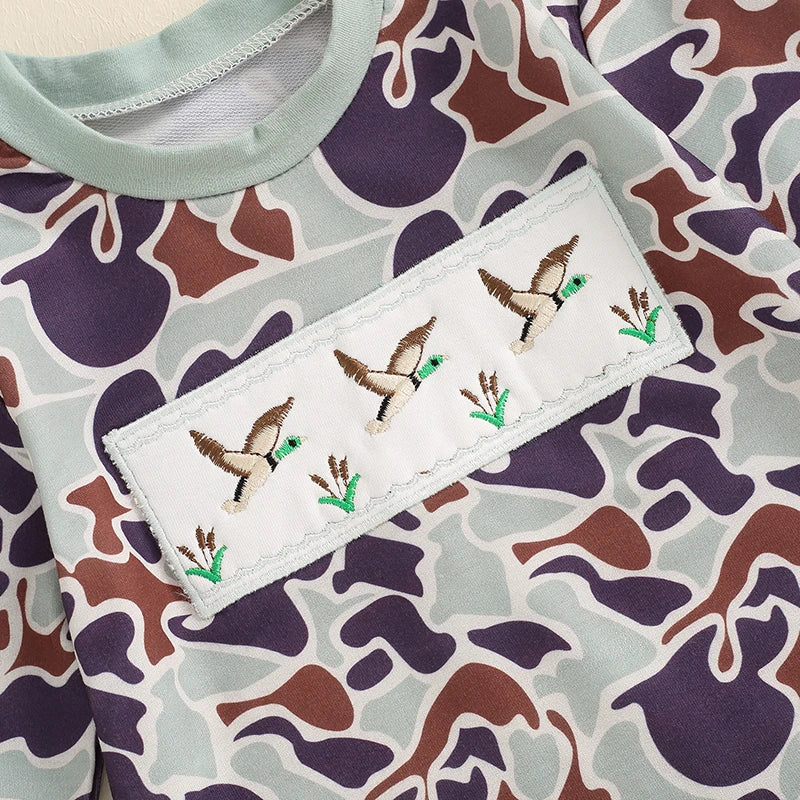 2024-04-19 Lioraitiin Autumn Baby Boys Romper Infant Long Sleeve Crew Neck Duck Embroidery Camouflage Romper