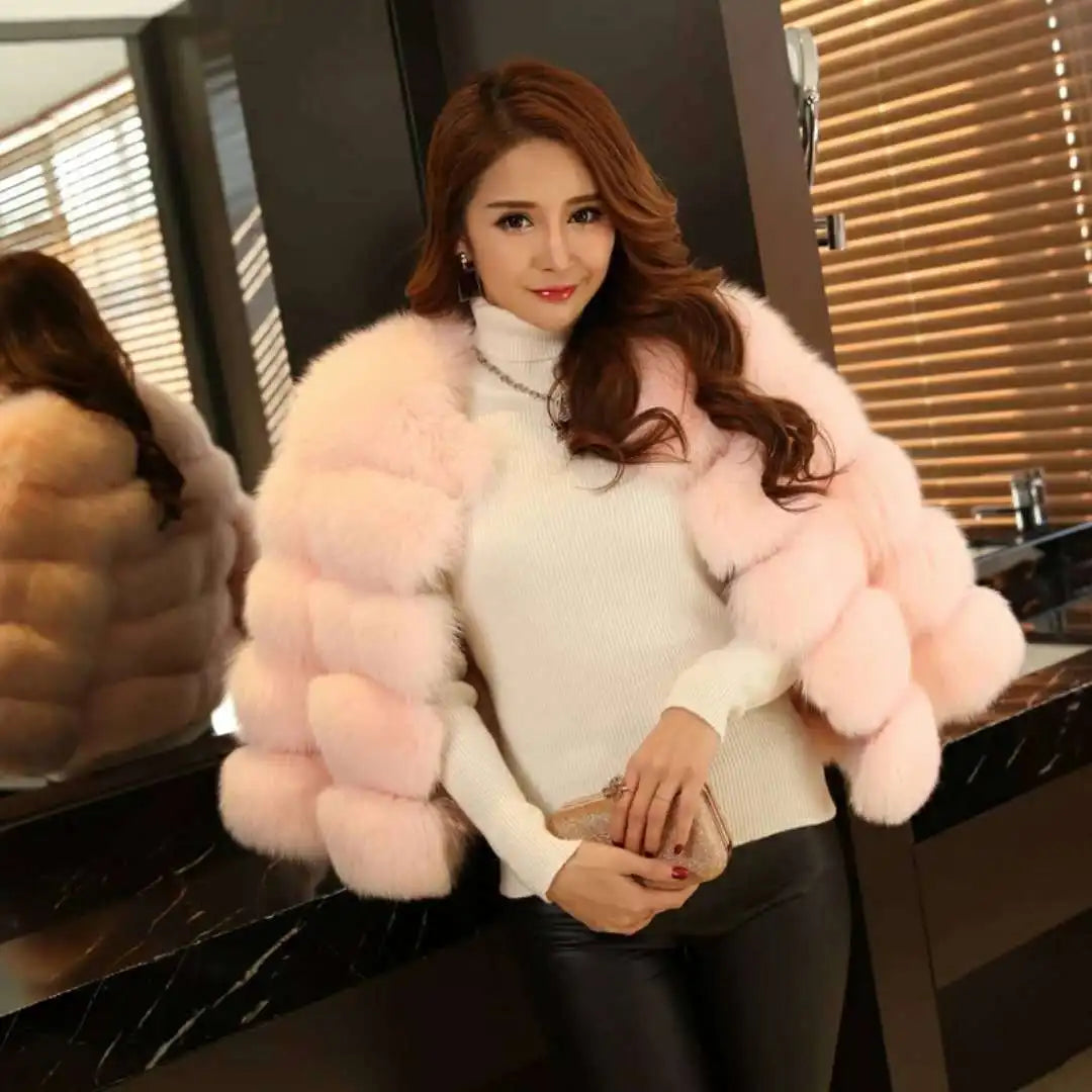 Women Faux Fox Fur Coats Zipper Short Coat Jackets Elegant Thick Warm Solid Jacket Lady Furry Outerwear Elegant Splice Winter