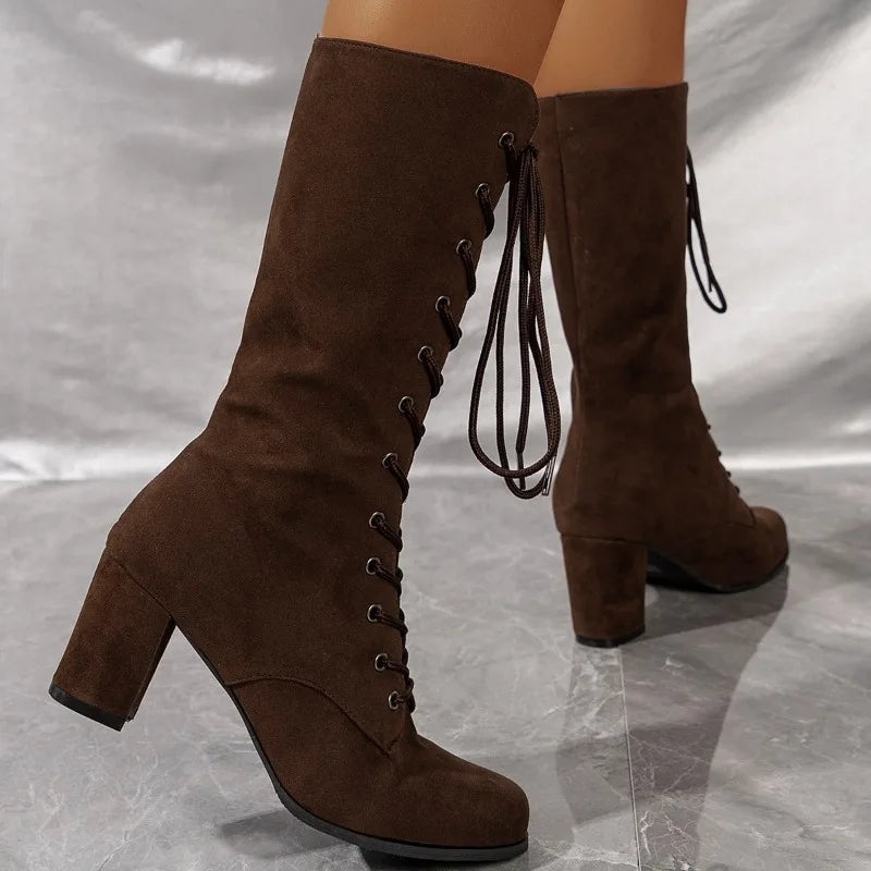 Winter New Coarse Heel Shoes Women's Round Head Front Cross Lacing Anti-slip Wear-resistant High Boots