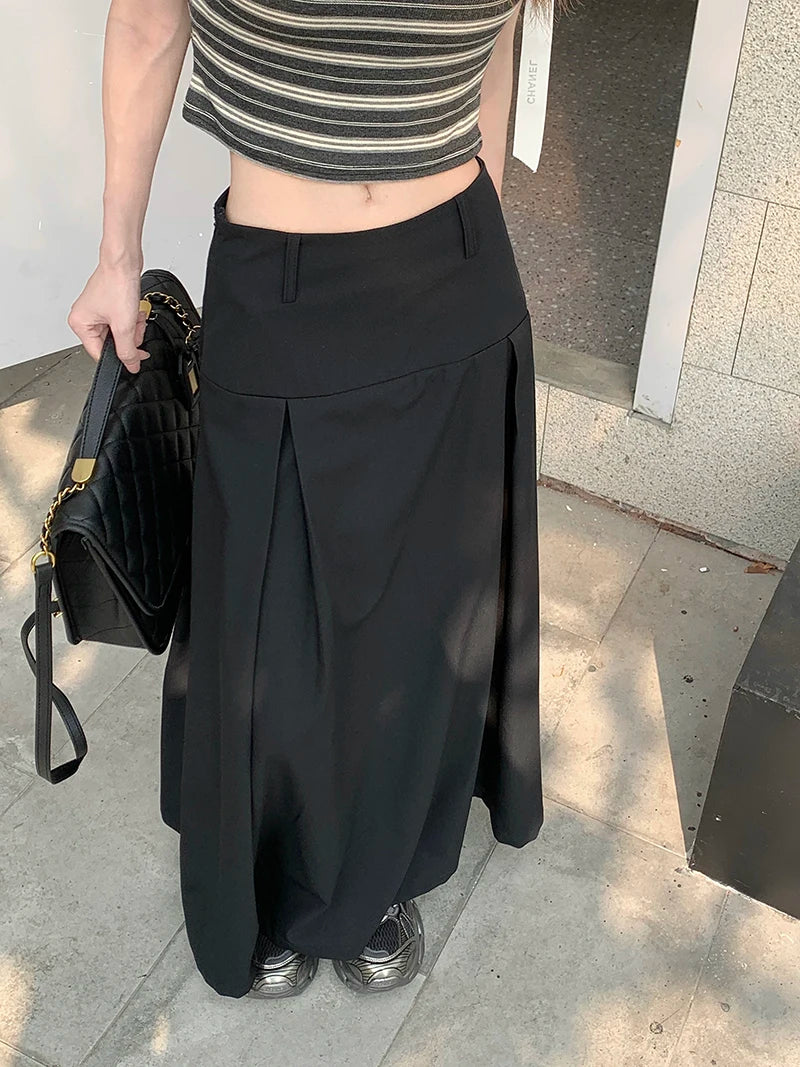 Qiukichonson Grey Midi Long Skirts Womens Trousers Skirt 2022 Autumn Winter Goth Lolita High Waist Asymmetrical Pleated Skirts