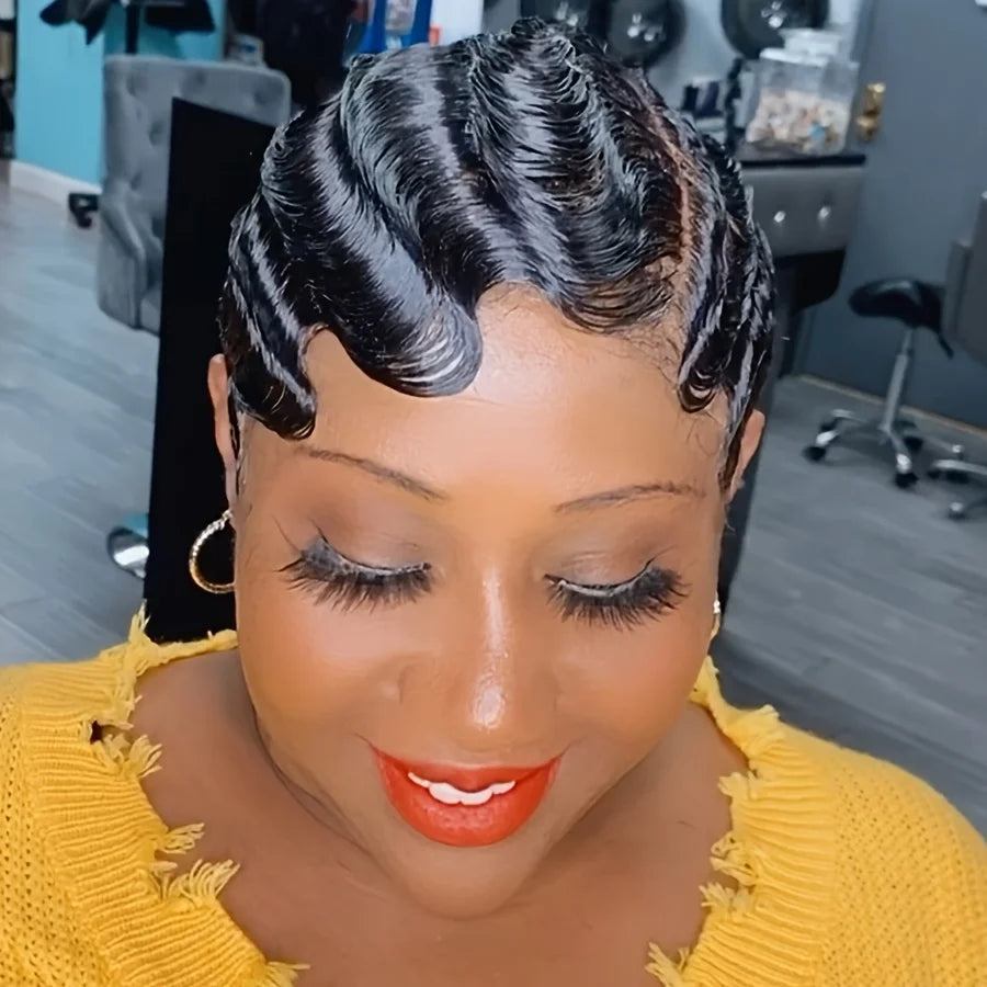 short finger wave human hair wig pixie wig natural black color for women daily party use wig pixie cut wig machine made