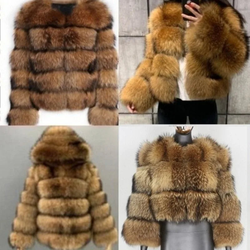 Women Fake Raccoon Fur Coat Ladies Winter Thick Warm Furry Faux Fur Fox Jackets Coats Patchwork Outerwear casaco feminina frio
