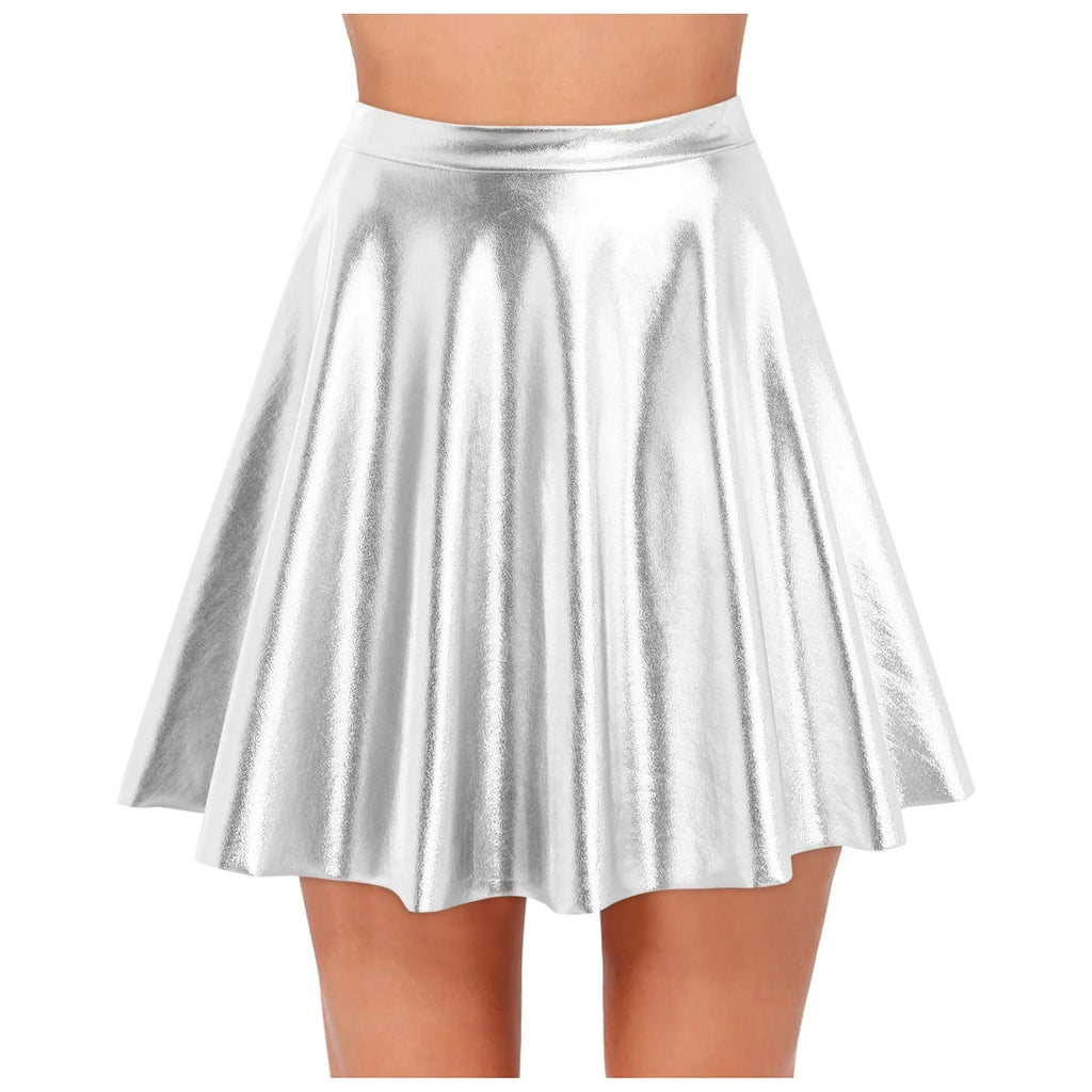 Women's Hight Waist Skirt Shiny Skater Skirt Sparkly Shiny Flared Pleated A Line Mini Skort Girls' Carnival Cosplay Skirt