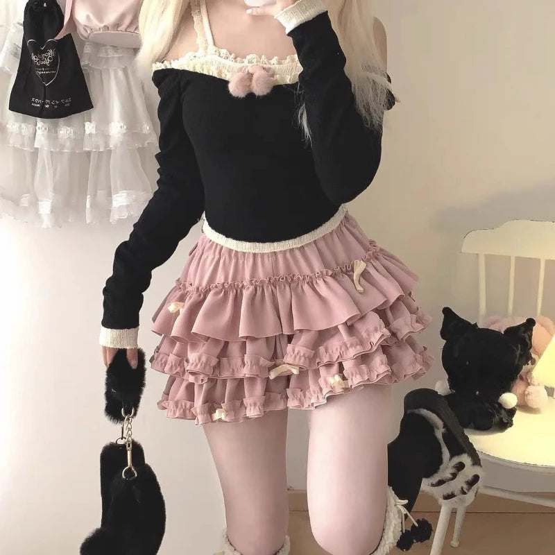 2026 Summer New Versatile Women's Clothing Blue Bow Lace Cake Tutu Mini Skirt Kawaii Pink Sweet Cute Thin A-line Skirts Ladies