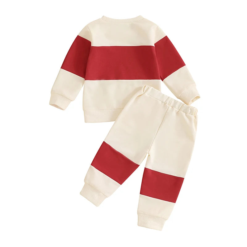 Toddler Baby Boy Christmas Outfit Letter Embroidery Contrast Color Long Sleeve Sweatshirt and Elastic Pants Clothes