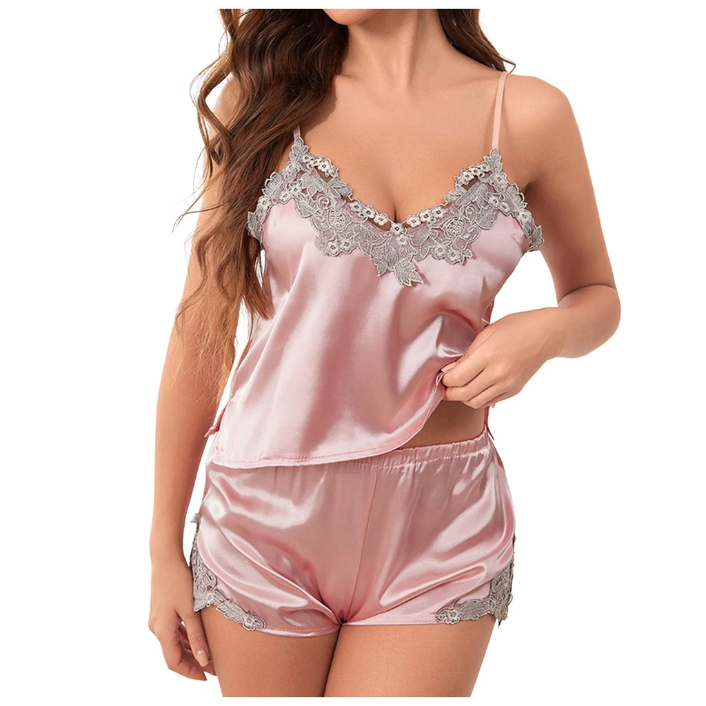 Fashion Sexy Satin Strap Underwear Nightdress Set Summer Sweet Cute Shorts Pajamas Large Size Breathable Comfortable Nightgown