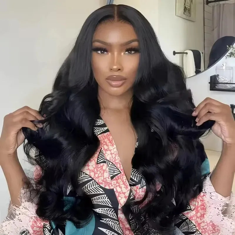 180% Density Body Wave Human Hair Wigs Natural Black Remy Hair Transparent Lace Front Wig Pre Plucked Hairline Lace Frontal Wig