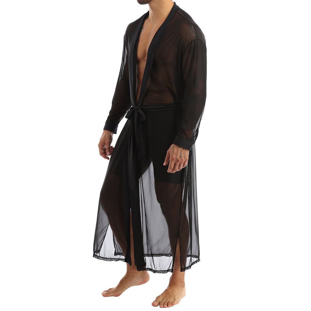 Men Transparent Mesh Robes Sexy Lingerie Front Cardigan Mesh See-through Long Bathrobe Male Gay Long Sleeve Nightgown Underwear