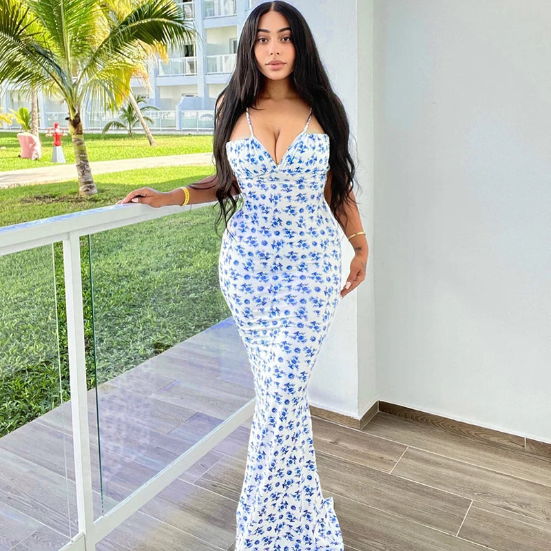 Dulzura Women Floral Print  Sleeveless Bodycon Maxi Dress Outfits Birthday Party Club Clothes