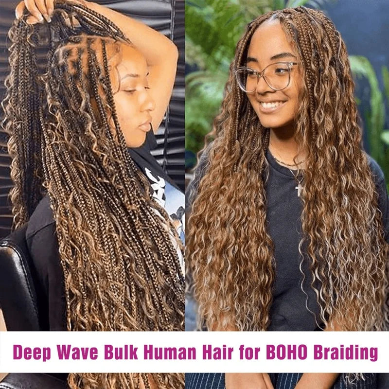 30Inch Colored Human Hair Bulk For Boho Braiding Curly Brazilian Highlight Deep Wave Human Hair Extension No Weft 2 Bundles 110g