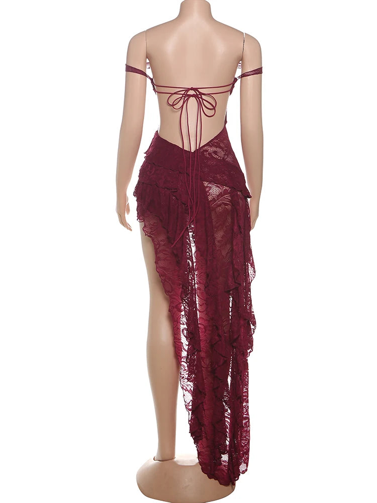 Cutenew Lace Emboridered Women Dresses Sexy Hot Sheer Off Shoulder Irregular Backless Bandage Vestidos Female Coquette Clubwear