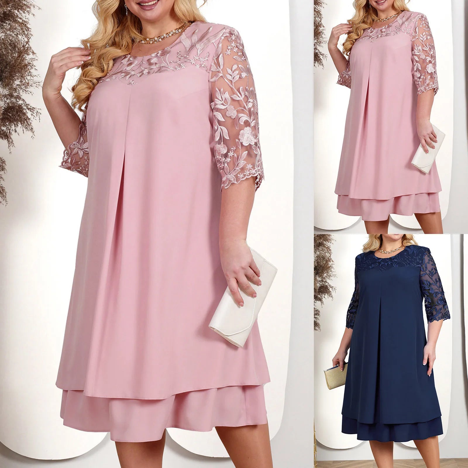 Womens Loose Elegant Formal Dress Summer Flower Embroidery O Neck Large Size Casual Chiffon Dress Wedding Festive Cocktail Dress