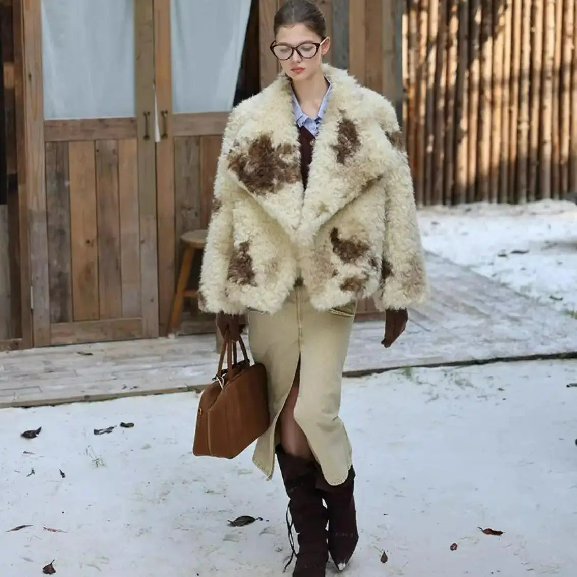 HIGH QUALITY Winter Large Lapel Curly Lamb Fur Coat Long sleeve Warm Shaggy Tie dye Gradient Faux Fur Jacket Loose Outerwear