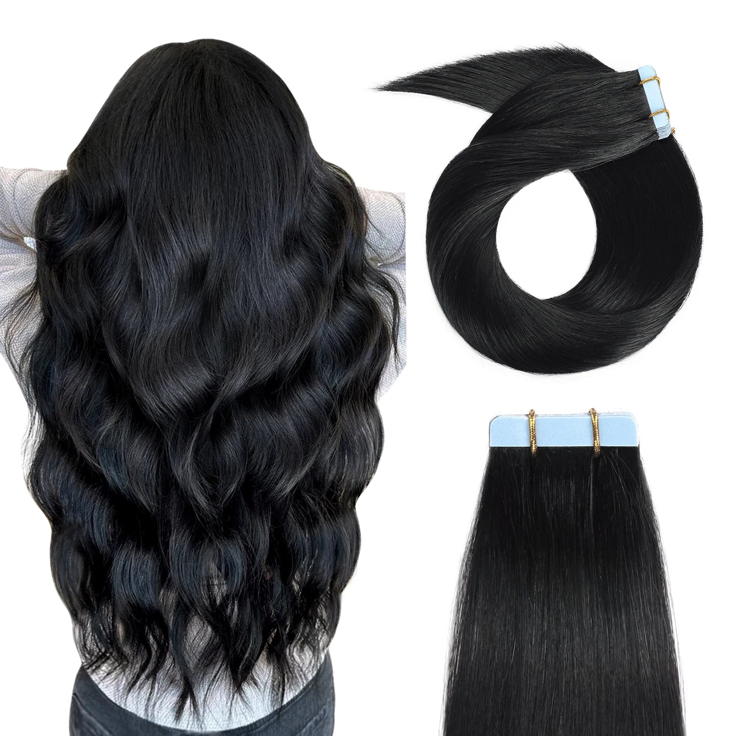 Jet Black #1 Tape In Hair Extensions Human Hair 12-24 Inches 50g 20Pcs/Pack Tape Ins Human Hair Extensions Real Human Hair Tape