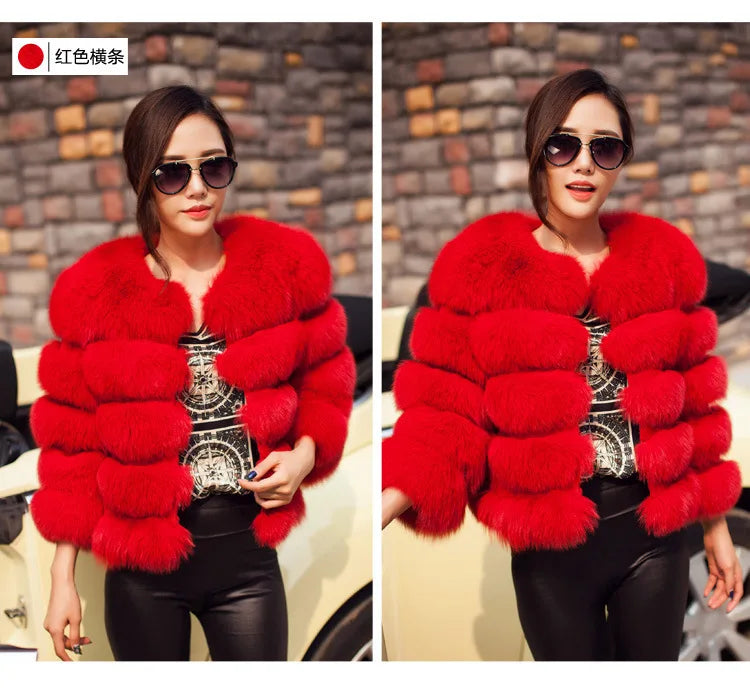 Women Faux Fox Fur Coats Zipper Short Coat Jackets Elegant Thick Warm Solid Jacket Lady Furry Outerwear Elegant Splice Winter