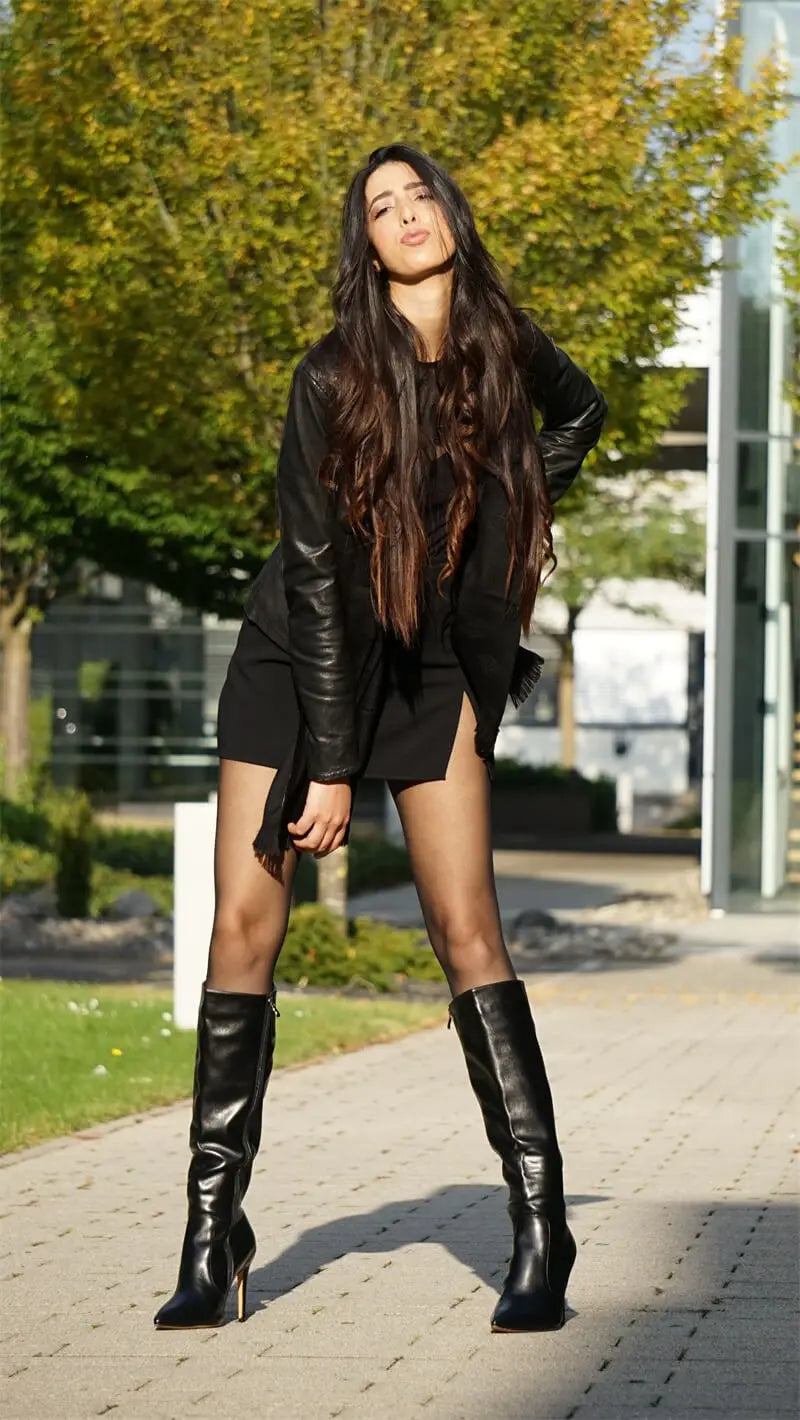Onlymaker Pointed Toe Knee High Boots Stiletto High Heels Soft PU Leather Flock Concise Side Zipper Big Size Fashion Boots