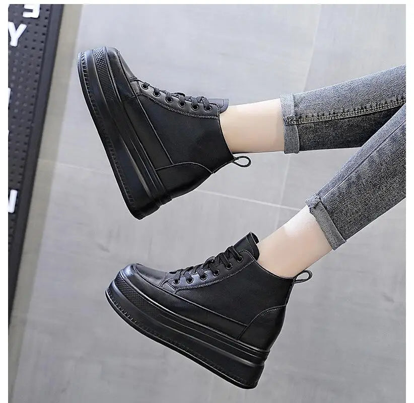 Women High Top Sneakers Platform Breathable Genuine Leather Shoes Spring Lady Wedges Casual Shoes For Woman Sports Dad Shoes 9CM