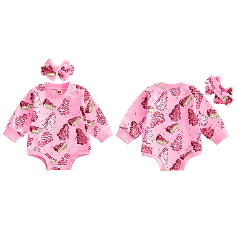 Toddler Baby Girls Sweatshirt Romper Christmas Tree Print Long Sleeve Jumpsuits and Cute Headband Set Infant