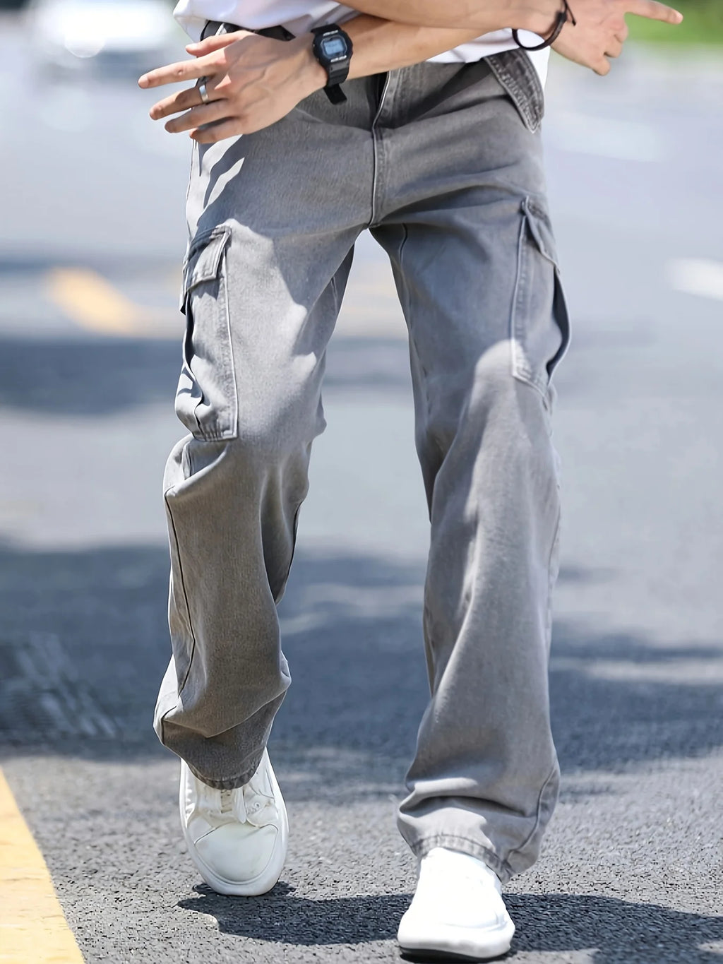 Men's multi pocket denim work pants straight leg denim pants