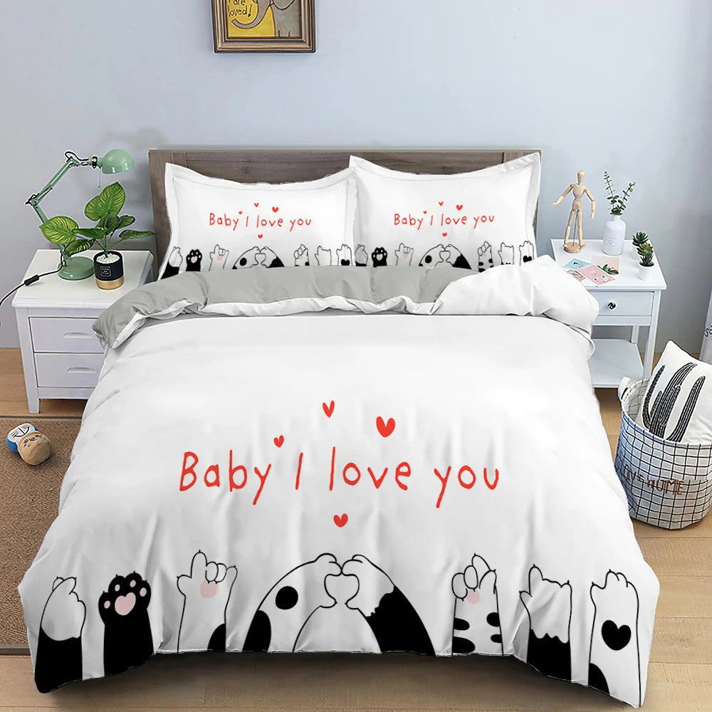 Cute Pink Pet Cats Cartoon Kitten Print Duvet Cover Pillowcase Polyester Quilt Cover for Children Women Bedroom Decoration King