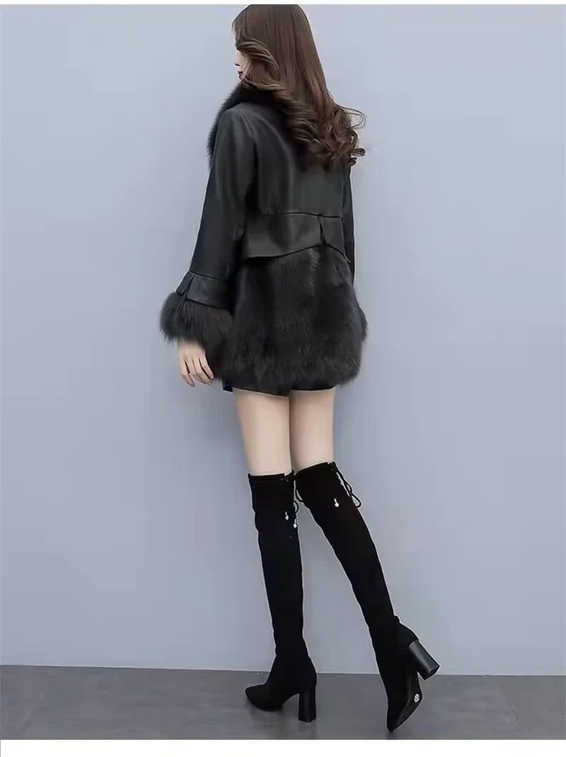 2025 Women Mid-Long Style Faux Fur Jacket Winter Female Pu Leather Splicing Fur Outwear Ladies Long Sleeve Thicken Warm Fur Coat