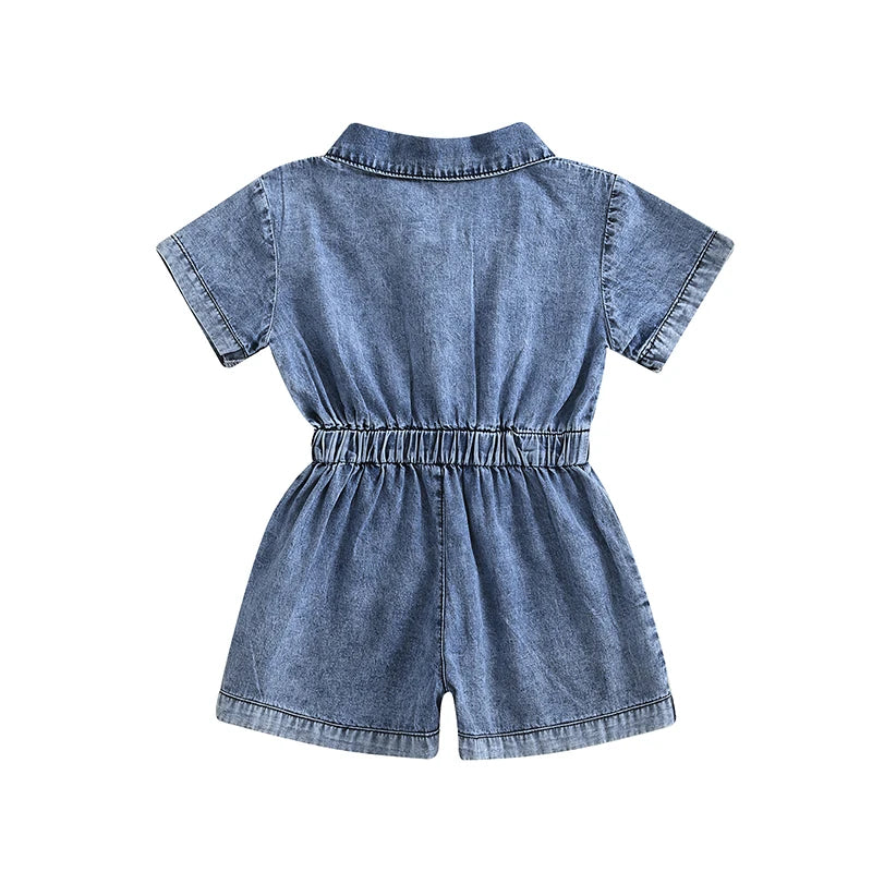Toddler Girls Denim Overalls Shorts Short Sleeves Turn Down Collar Button Down Elastic Waist Jean Jumpsuit
