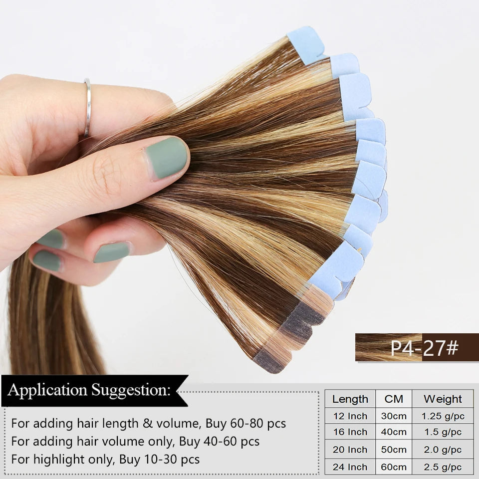 MRSHAIR Mini Tape Hair Extensions Human Hair Natural Tape in Hair Extentions 3x0.8cm Invisible Tape 10pcs/pack For Side Hair