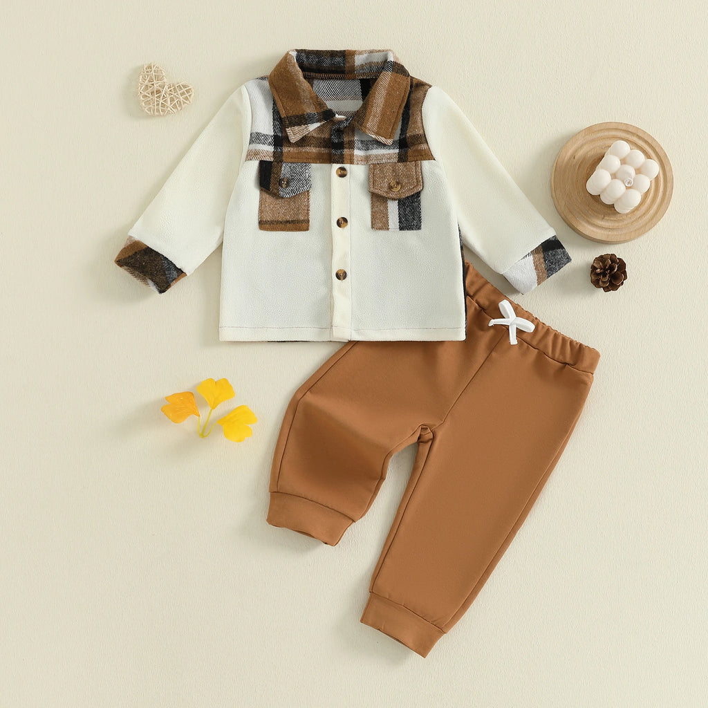 Lioraitiin Toddler Baby Boy Fall Outfit Plaid Button up Long Sleeve Shirt and Elastic Pants 2 Piece Clothes