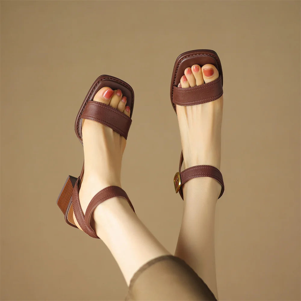 Women's genuine leather sandals narrow band ankle strap 6cm thick med heel open toe summer pumps heels casual shoes for women 42