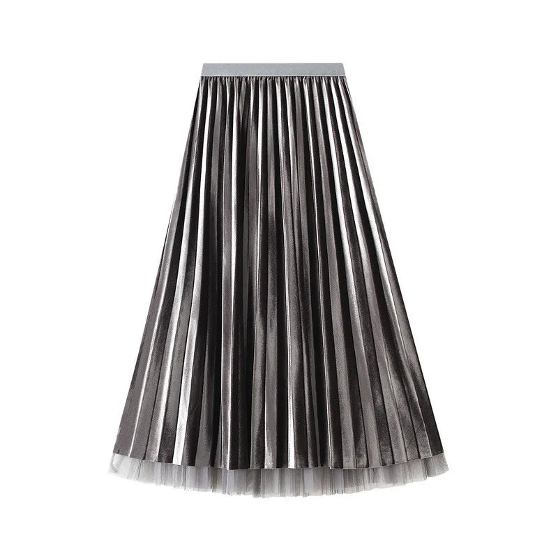 Luxury Velvet Pleated Skirts For Women 2024 Summer Fashion Women's High Waist Mesh Midi Skirt Female Elegant  Solid A-Line Skirt