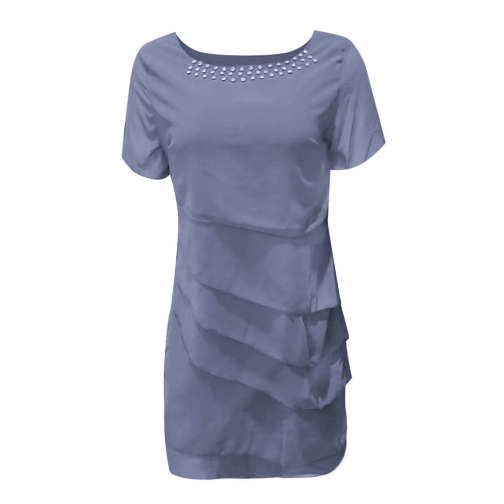 sexy chiffon puff short sleeve u neck midi dress elegant tierred layered slim fit summer dress stylish cocktail party dress