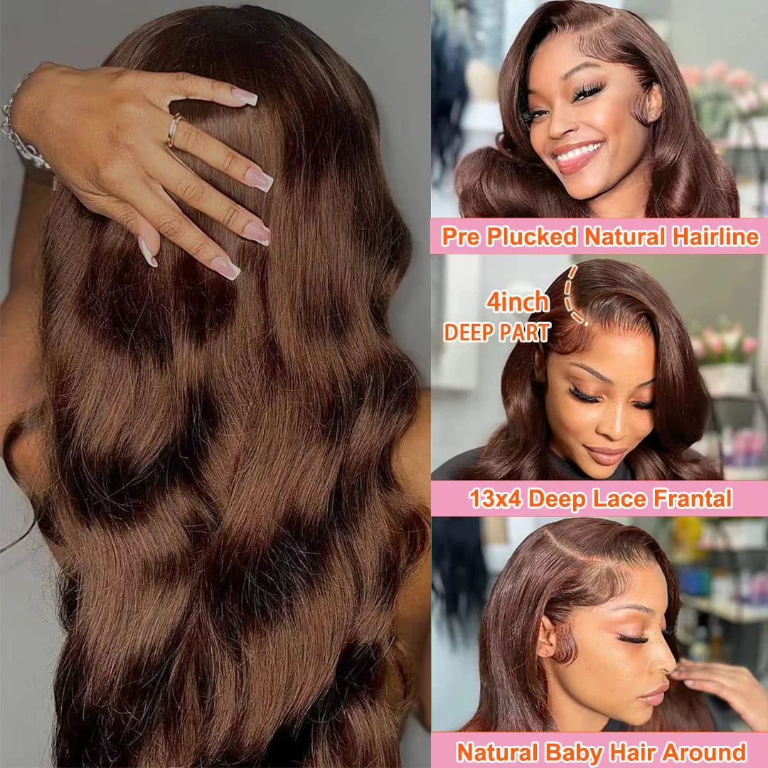 Chocolate Brown Human Hair Wig 200 Density 13X6 Body Wave Lace Front Wigs Human Hair HD Frontal Wigs Pre Plucked Brazilian  Hair